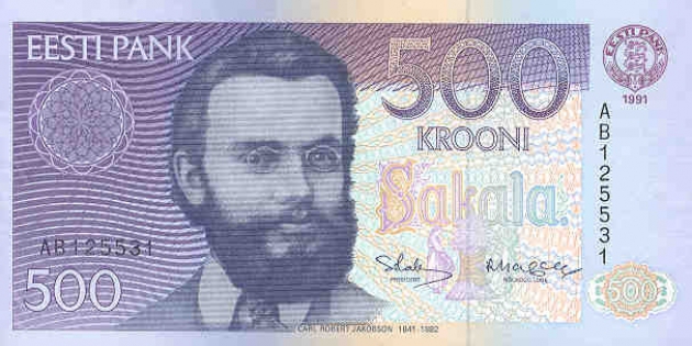 Эстонская денежная единица 500 крон. Имела хождение до вступления Эстонии в еврозону. На купюре изображён Карл Роберт Якобсон — эстонский писатель, публицист и педагог. Считается одним из ведущих деятелей пробуждения национального самосознания эстонского народа.