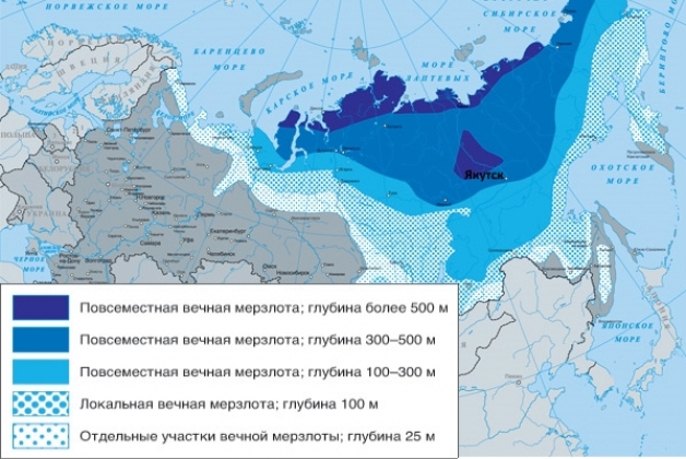 Вечная мерзлота на карте России. Иллюстрация: terraplan.ru