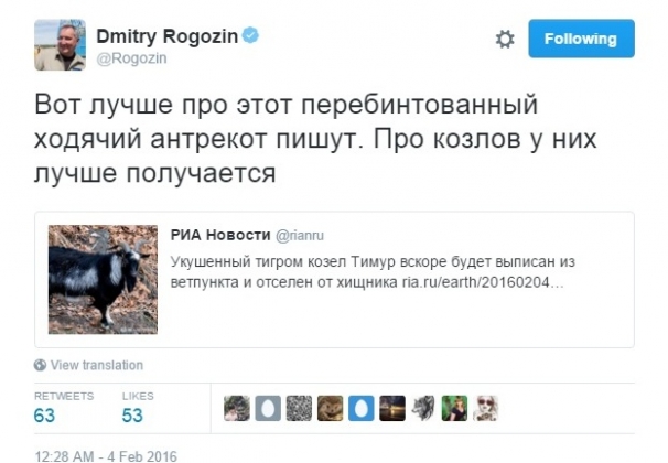 Вице-премьер РФ Дмитрий Рогозин назвал козла Тимура «ходячим антрекотом»