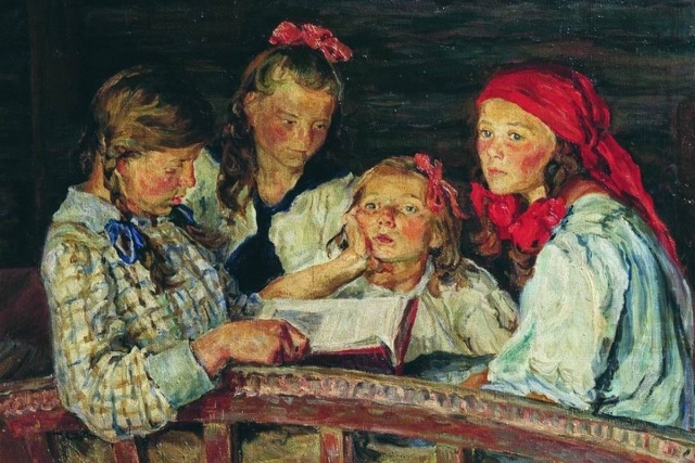 Николай Богданов-Бельский. За книжкой. 1915