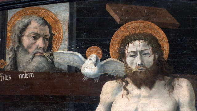 Исхождение Св. Духа от Бога-Отца и Сына, согласно Filioque. Неизвестный прованский художник (сер. XV века)