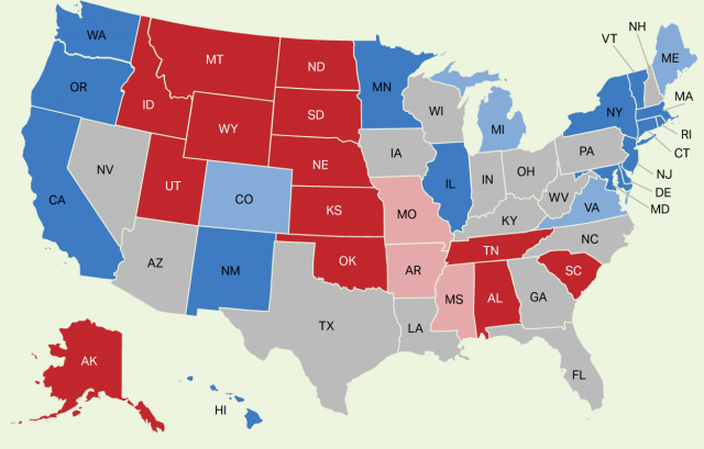 Демократические и республиканские штаты в США. Красный – республиканцы, Синий-демократы
