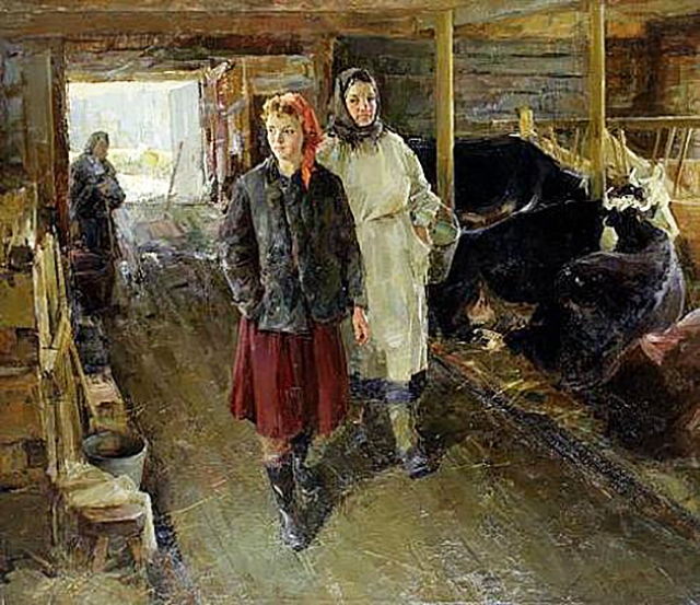 Павел Рыбин. На молочной ферме. 1959