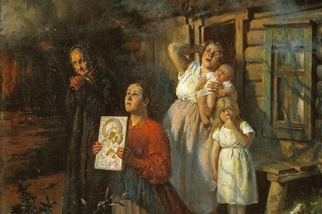 Федор Бухгольц. Пожар в деревне (фрагмент). 1901