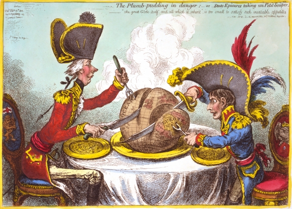 Джеймс Гилрей. Карикатура «Пудинг в опасности, или Государства-эпикурейцы ужинают» (Питт и Наполеон). 1805