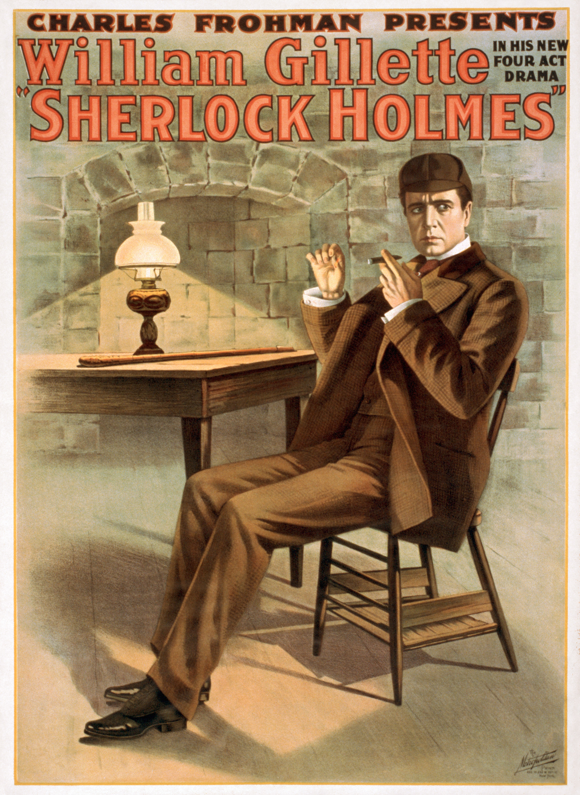 Афиша постановки 1900 года про Шерлока Холмса, с Вильямом Джилеттом в роли Холмса. В постановке и появилась фраза Элементарно, мой дорогой Ватсон, которая отсутствует в рассказах