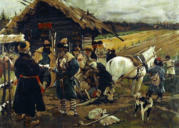 Сергей Васильевич Иванов. Крестьяне уходят от помещика в Юрьев день. 1908