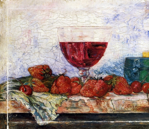 Джеймс Энсор. Бокал красного вина, клубника и вишня. 1892