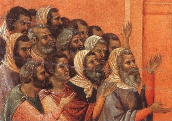 Дуччо ди Буонинсенья, «Христос, обвиняемый фарисеями» (фрагмент), 1308-1311