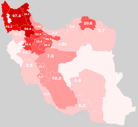 Процент азербайджанского населения в останах Ирана на 2010