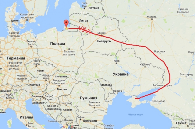 Условная кривая авиамаршрута Калининград-Симферополь. Зигзагом выделено литовское воздушное пространство 