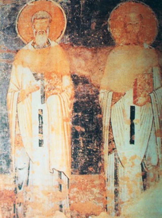 Святые Кирилл и Мефодий. Фреска собора Св. Софии в Охриде (Македония). Около 1045
