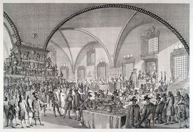 Венчание на царствие Екатерины II. Парадный обед в Грановитой палате. 22 сентября 1762. Гравюра Калашникова