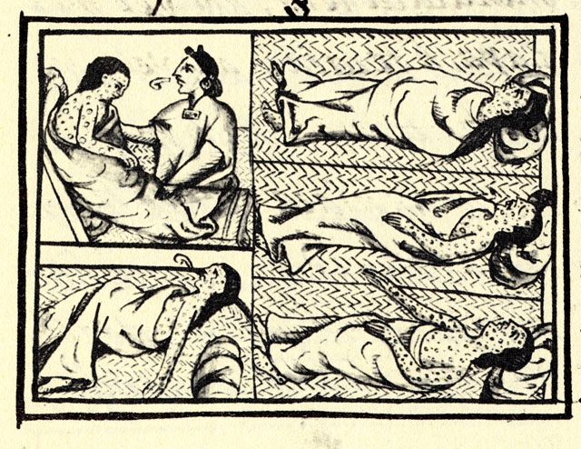 Сопроводительные рисунки к тексту из Флорентийского кодекса (1540—1585 гг.)  Индеец науа страдает от оспы (эпоха завоеваний испанцами центральной Мексики)