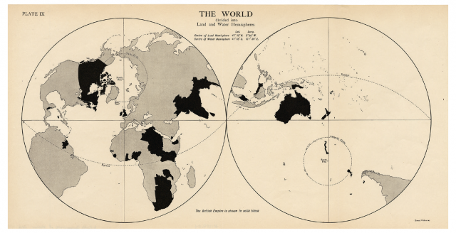 Карта мира Лайонела Кертиса с делением на полушария воды и суши. Британская империя окрашена черным цветом. 1916