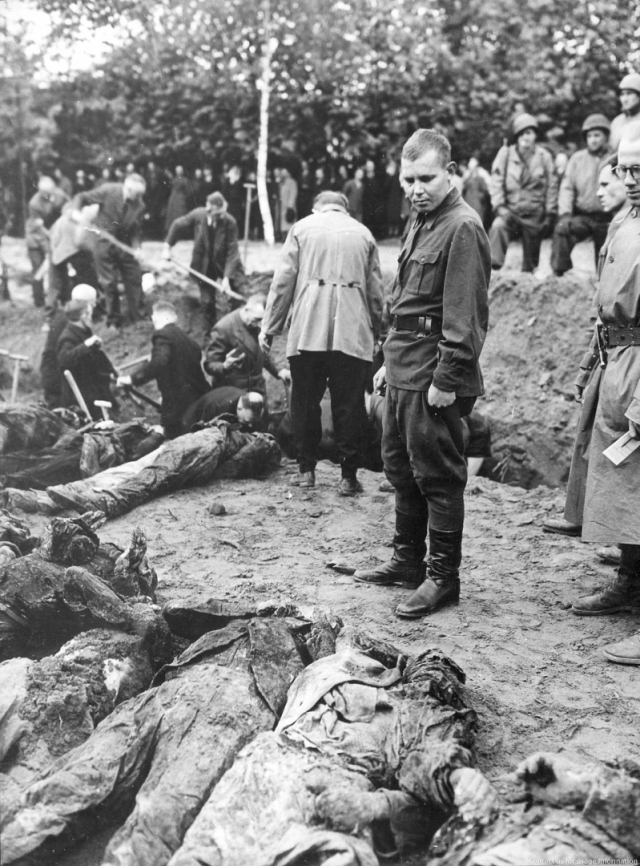 Бывший пленный Петр Пальников при эксгумации расстрелянных советских пленных на кладбище Зеельхорст в Ганновере. 2 мая 1945 года