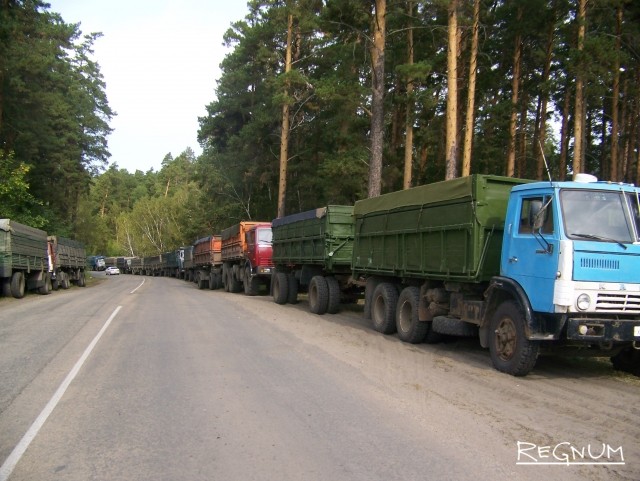 Фургоны, гружёные зерном, стоящие в километровой очереди к алтайскому элеватору, когда ещё за тонну пшеницы давали 7500 рублей