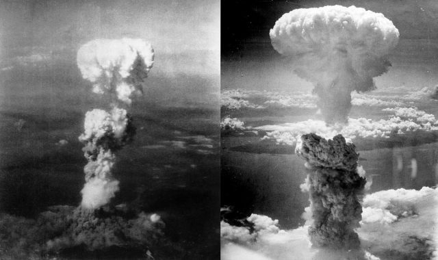 На снимке «грибы» от атомных взрывов над Хиросимой (слева) и Нагасаки