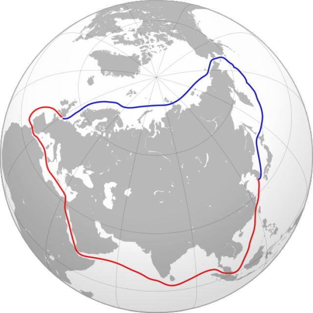 Северный морской путь (обозначен синим) 