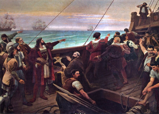 Кабрал (в центре слева, указывая) впервые увидев бразильский материк 22 апреля 1500 года
