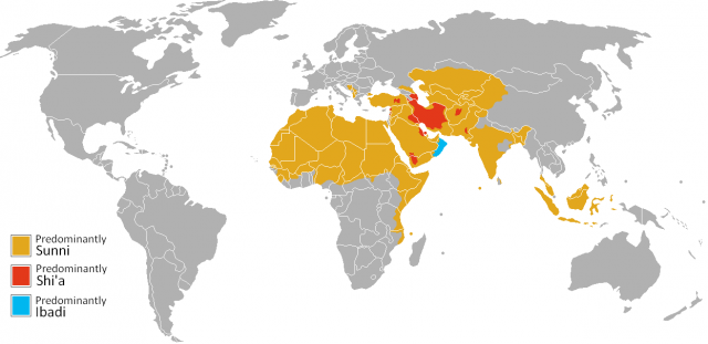 Карта распространения ислама в мире. Области с преобладанием суннитов закрашены жёлтым