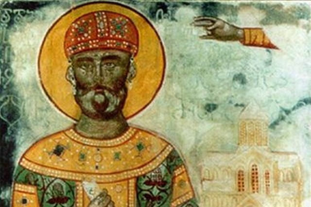 Средневековая фреска грузинского царя Давида IV из монастыря Гелати (фрагмент)