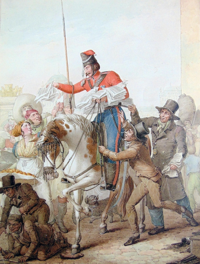 Казак раздает парижанам напечатанную декларацию Александра I. 1814