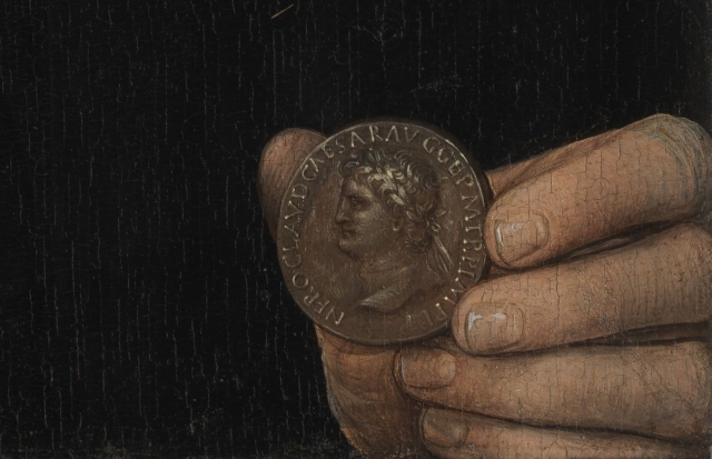 Ганс Мемлинг. Портрет мужчины с монетой императора Нерона (Бернардо Бембо) — фрагмент. До 1480