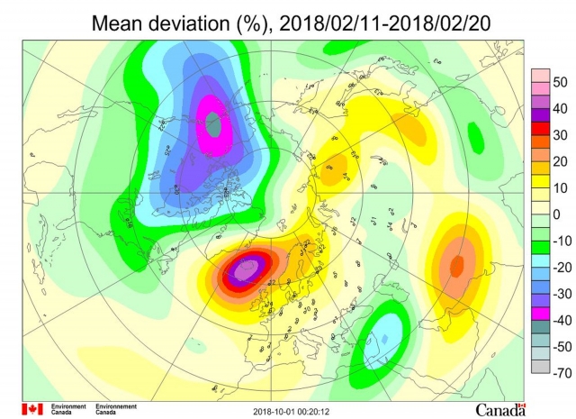 Рис. 2. Среднедекадные (11–20 февраля 2018 г.) аномалии общего содержания озона в Северном полушарии