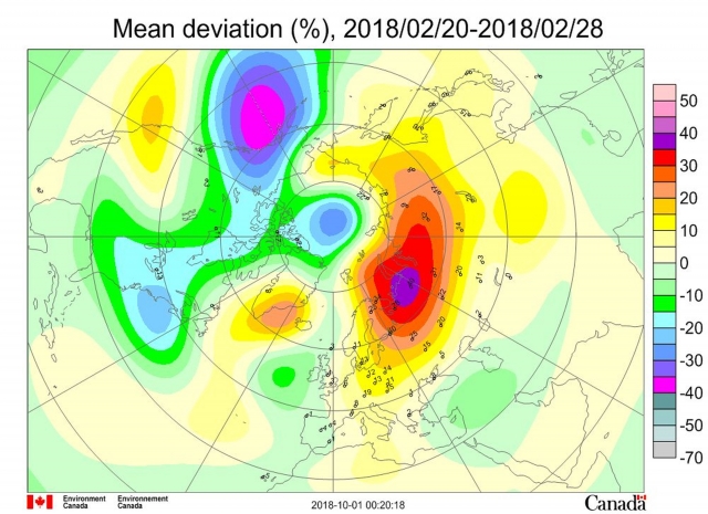 Рис. 3. Среднедекадные (20–28февраля 2018 г.) аномалии общего содержания озона в Северном полушарии