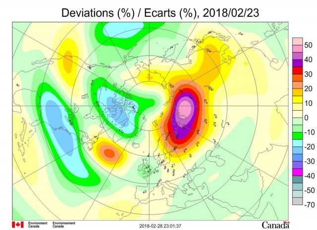 Рис. 5. Аномалии общего содержания озона в Северном полушарии 23 февраля 2018 года