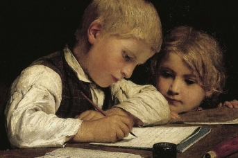 Альберт Анкер. Пишущий мальчик с сестрой. Фрагмент. 1875