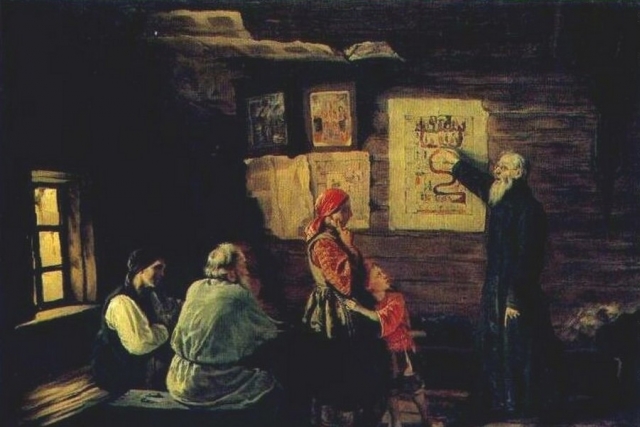 Василий Пукирев. Дьячок объясняет крестьянам картину Страшного Суда. 1868