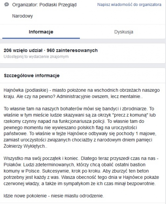 Подробная информация о IV марше в Хайнувке в группе фейсбук