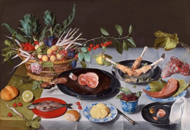 Якоб ван Хюльсдонк. Натюрморт с артишоками, редисом, спаржей, сливами и персиками в корзине. 1608—1647