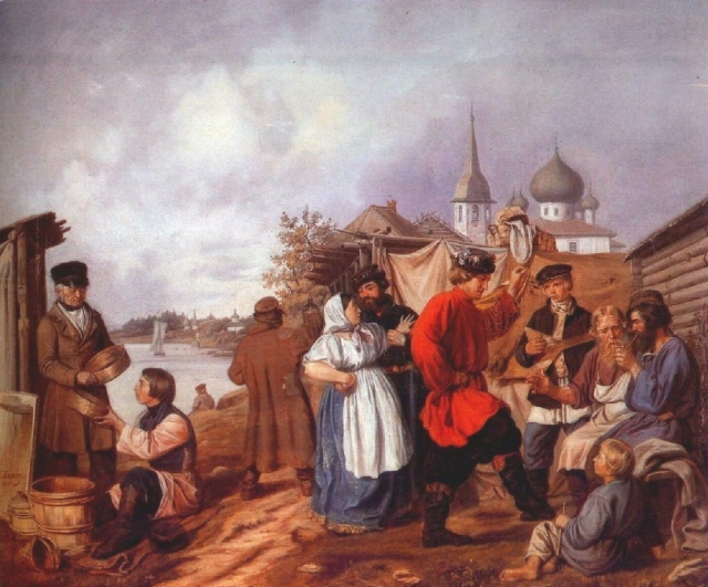 Андрей Попов. Народная сцена на ярмарке в Старой Ладоге. 1853