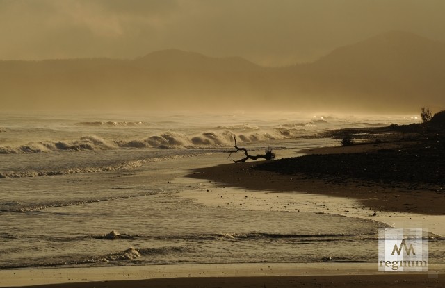 Шторм в Тихом океане, и закатное солнце подкрасило морские волны у побережья, окрестности Саратовского кордона
