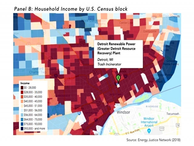 Рис. 9. Доля домохозяйств с низким доходом вокруг МСЗ в Детройте (красный)