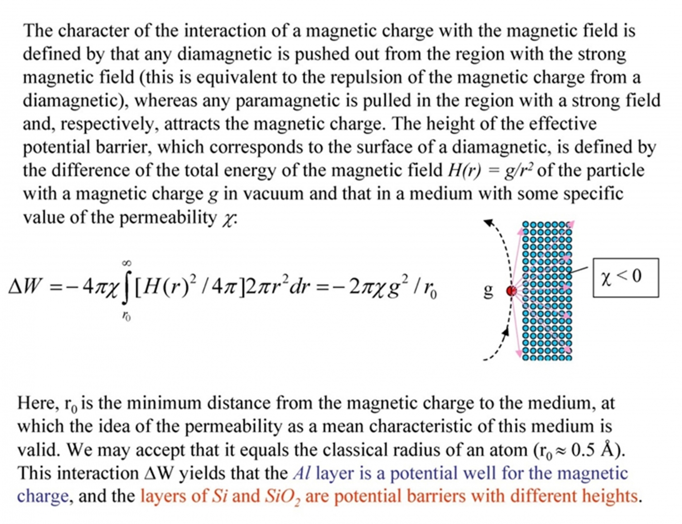 Рис. 26. Расчет энергии взаимодействия магнитного заряда с диамагнетиком