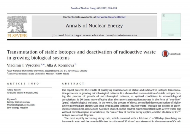 Рис. 70. Статья в журнале Annals of Nuclear Energy с описанием трансмутации стабильных и радиоактивных изотопов в биосистемах
