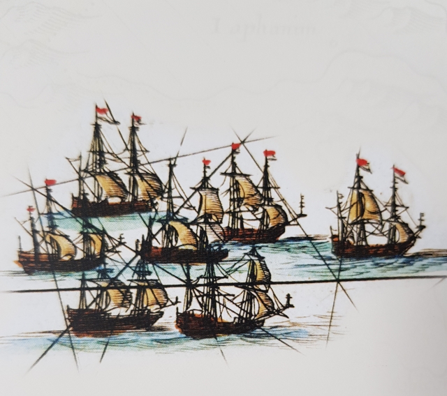 Караван голландских торговых кораблей, идущих в Архангельск. Карта «Большого Атласа» Виллема Блау 1638 год