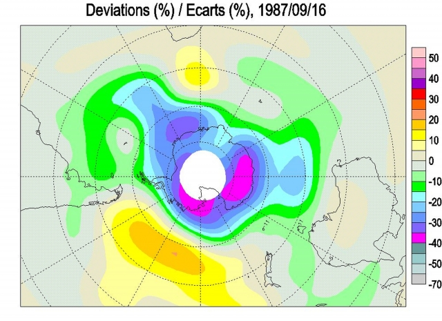 Рис. 1. Карта озоновых аномалий Южного полушария на 16 сентября 1987 года