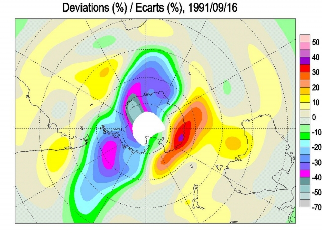 Рис. 3. Карта озоновых аномалий Южного полушария на 16 сентября 1991 года