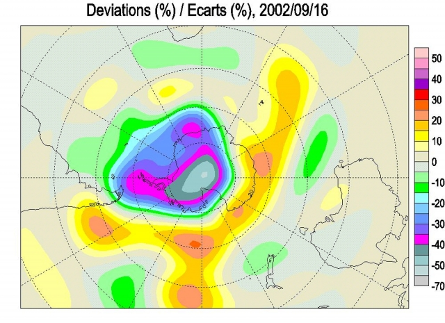 Рис. 5. Карта озоновых аномалий Южного полушария на 16 сентября 2002 года