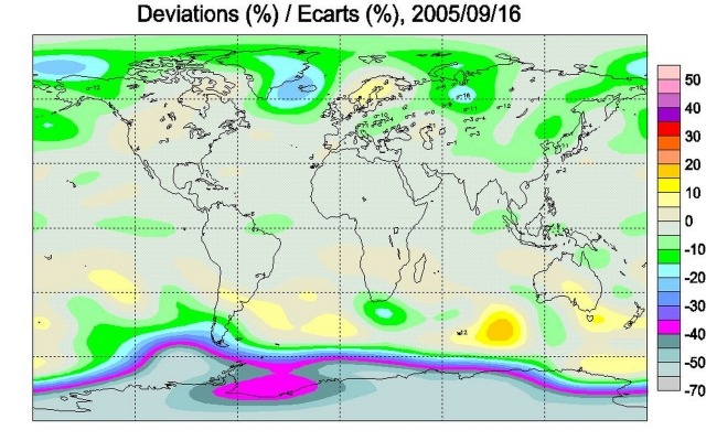 Рис. 6. Карта озоновых аномалий на Земном шаре на 16 сентября 2005 года