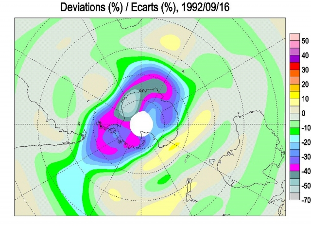 Рис. 4. Карта озоновых аномалий Южного полушария на 16 сентября 1992 года