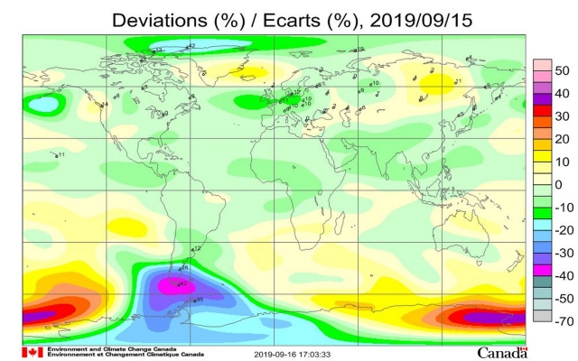 Рис. 7. Карта озоновых аномалий на Земном шаре на 15 сентября 2019 года