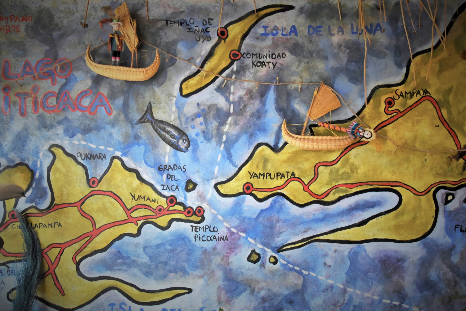 Рисунок на стене. Изображение Острова Солнца, Острова Луны и материковой части. Озера Титикака. Копакабана, Боливия