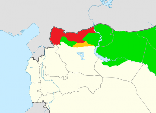 Территории на севере Сирии оккупированные Турцией (выделено красным) 