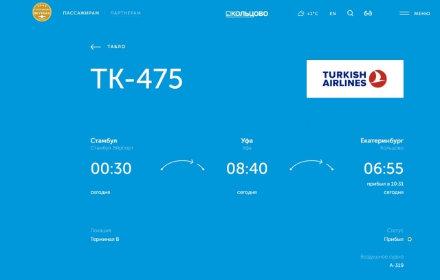 Гололёд помешал самолёту из Стамбула вовремя прилететь в Екатеринбург